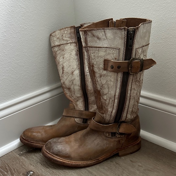 Bed Stu Shoes - Bed Stu Distressed Brown and Cream Moto Boots
